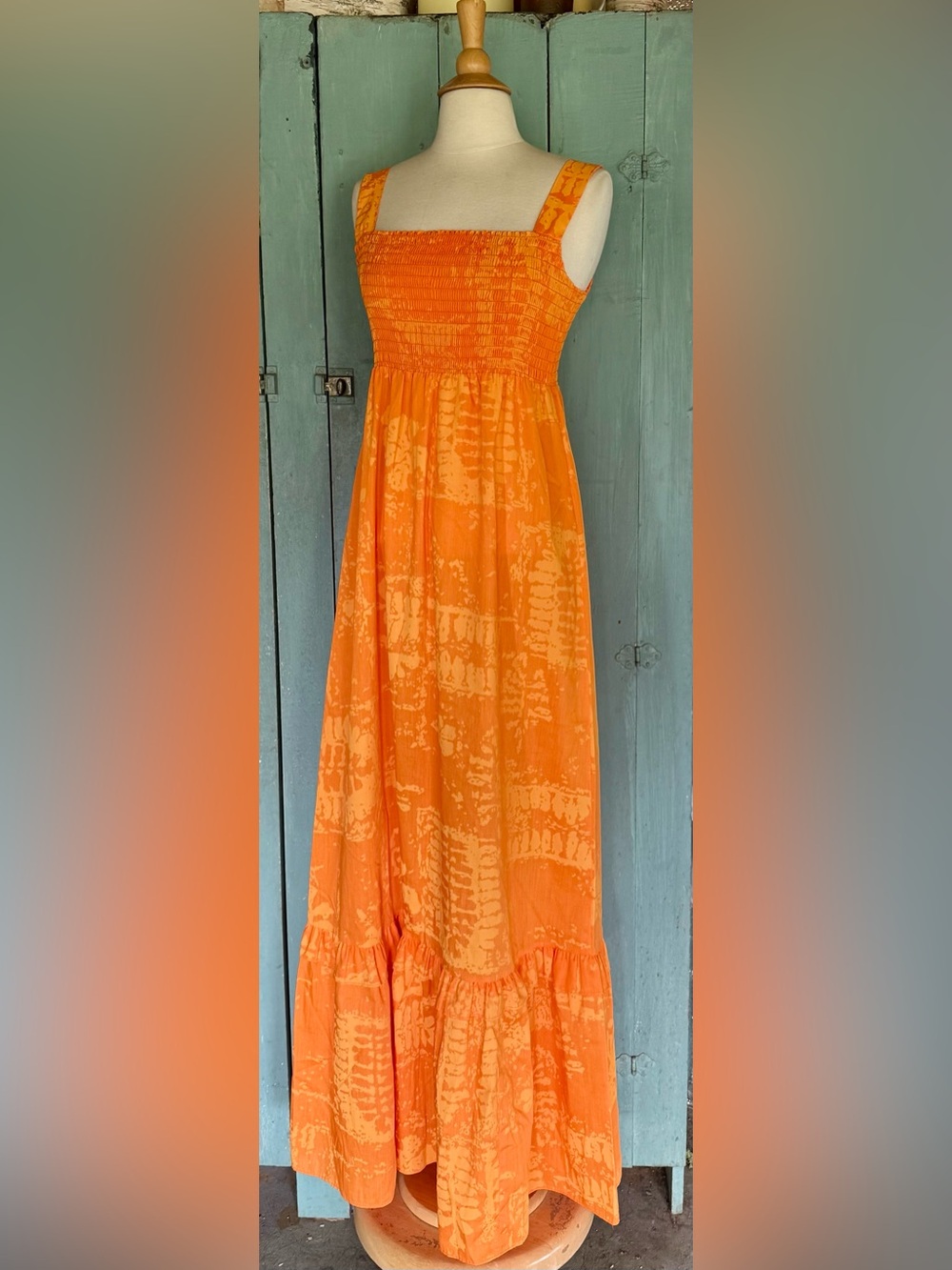 VTG 70's Mark Christopher Young Hawaii Bold Smocked Ruffle Maxi Batik Dress